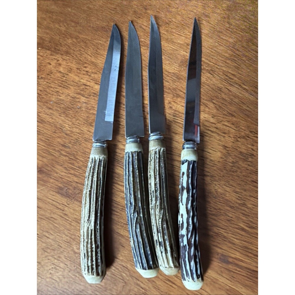 Stainless Steel Blade Steak Knives Faux Stag Horn Antler Handles Japan Set of 4